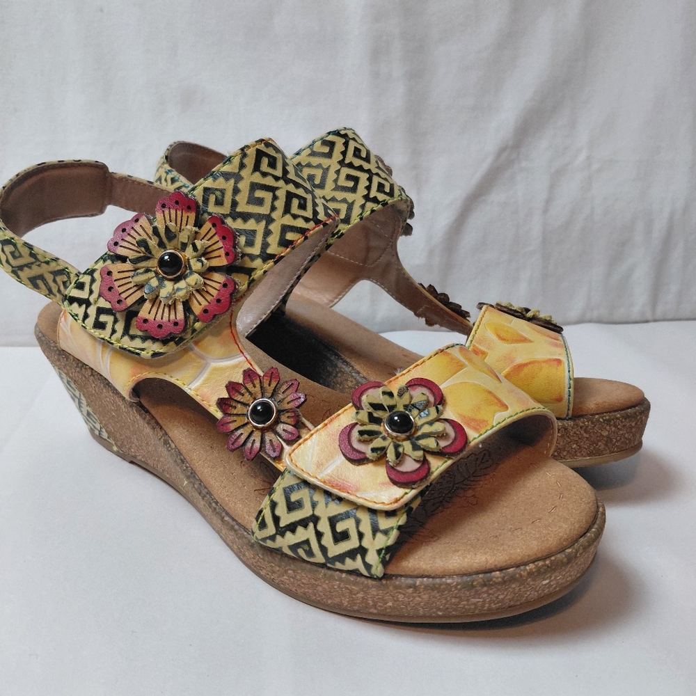 L'Artiste‎ By Spring Step Radd Cork Wedge Sandals Women's Size 8.5 US Yellow Red